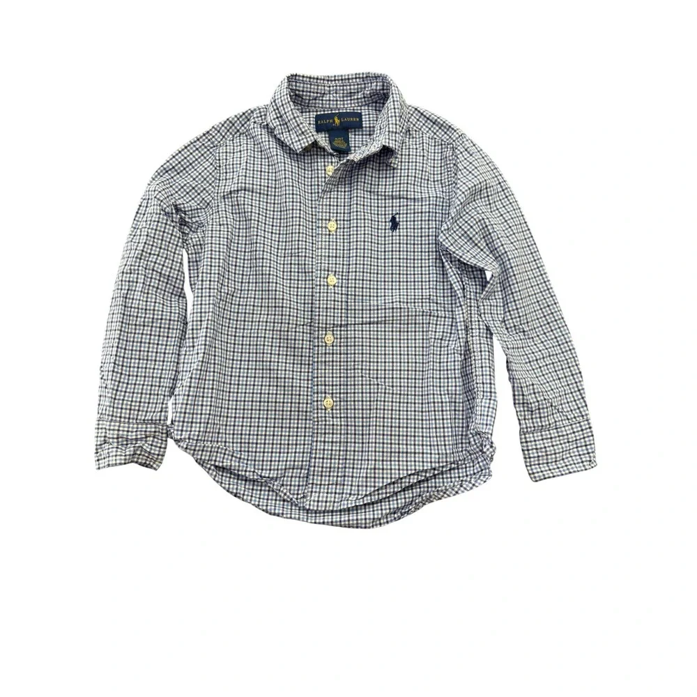 Ralph Lauren Boys Blue White Gingham Check Long Sleeve Button Down Shirt 4 4T